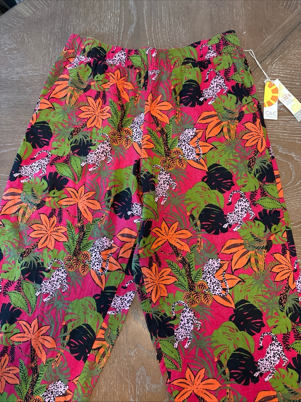 C&C California Women’s 100% Linen Tropical Leopard Print Pants